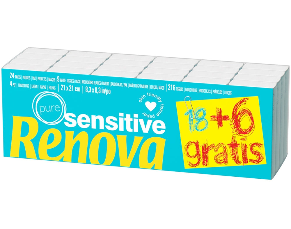 Renova 18+6 Sensitive Pure Pocket Tissues - 4-Ply, Perfume-Free, Dermatologically Tested