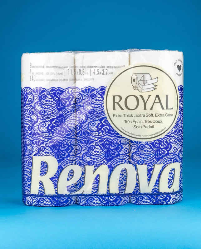 Renova 9 rolls 4-ply toilet paper, royal white. Extra Thick, Extra Soft, Extra Care, Dermatologically Tested.