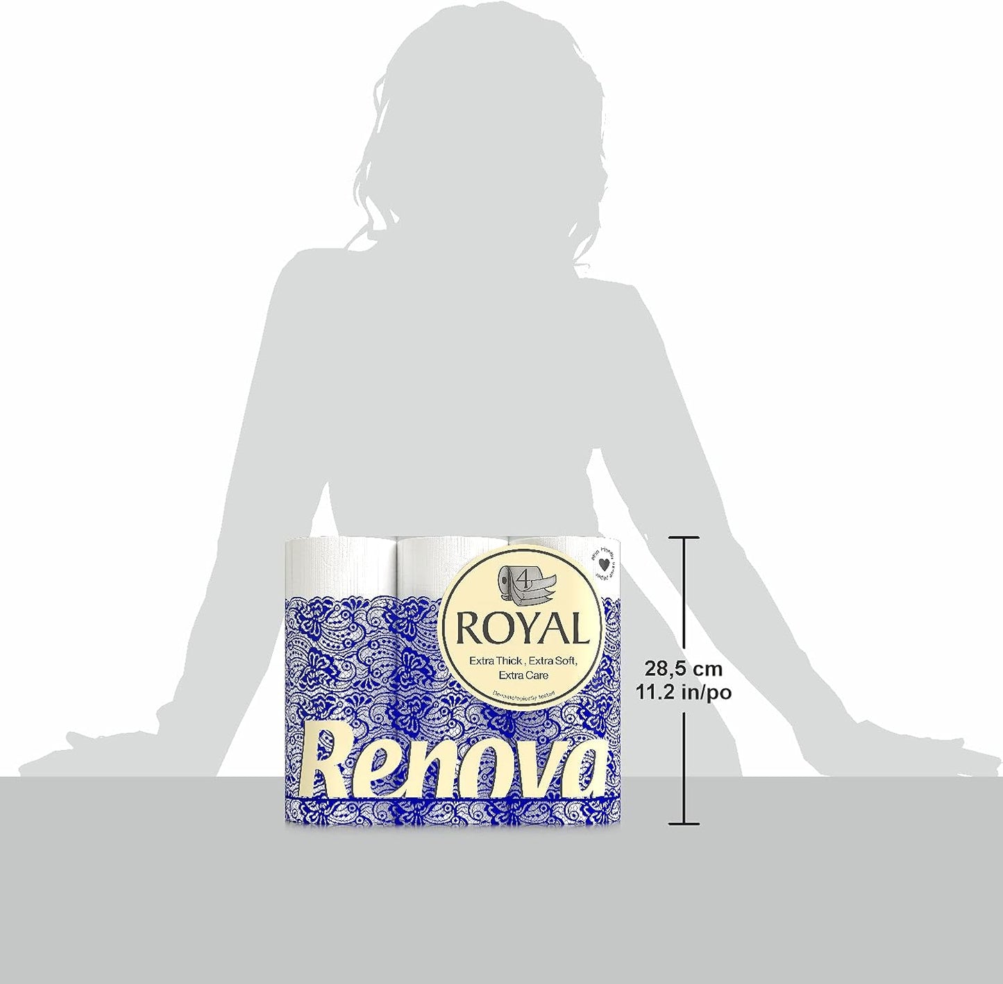 Renova 9 rolls 4-ply toilet paper, royal white. Extra Thick, Extra Soft, Extra Care, Dermatologically Tested.