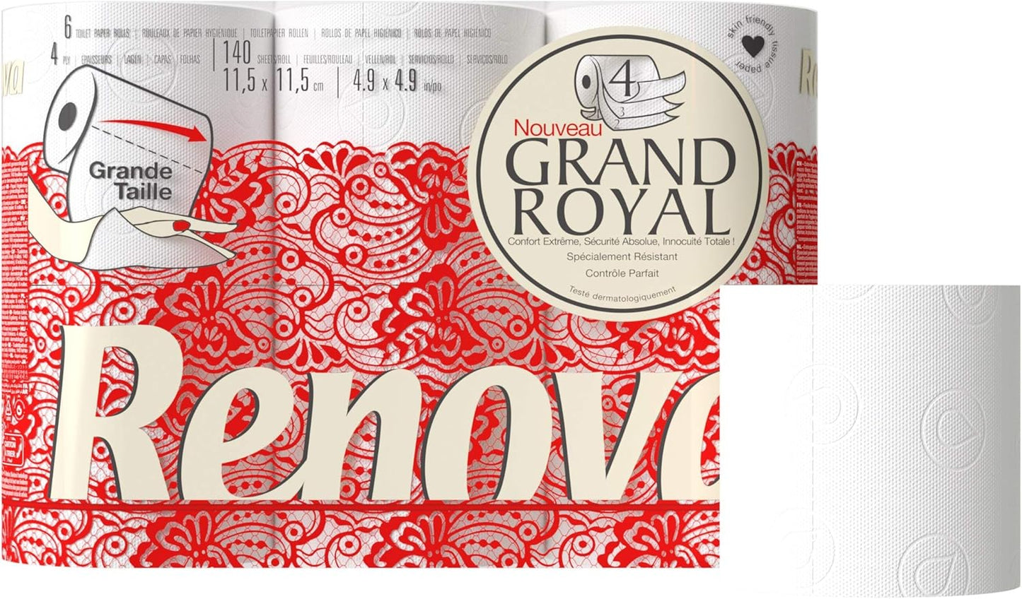 Renova Grand Royal toilet paper, 6 rolls, Premium XXL, 4-ply, Extreme comfort, Absolute safety, total innocuity.