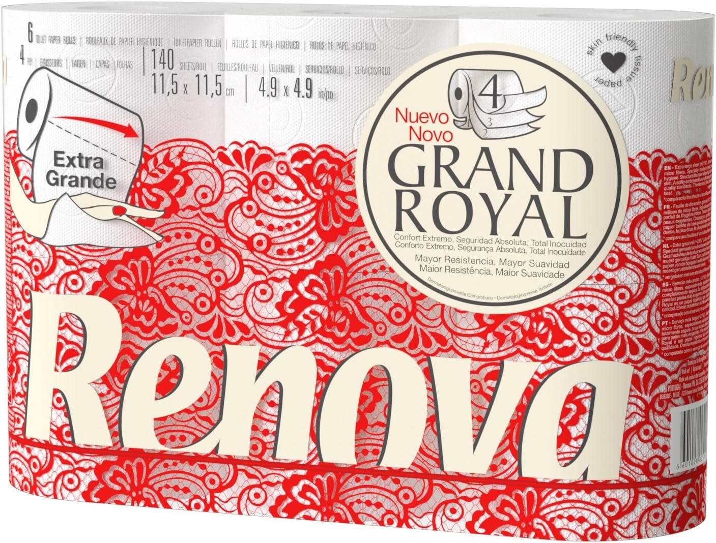 Renova Grand Royal toilet paper, 6 rolls, Premium XXL, 4-ply, Extreme comfort, Absolute safety, total innocuity.