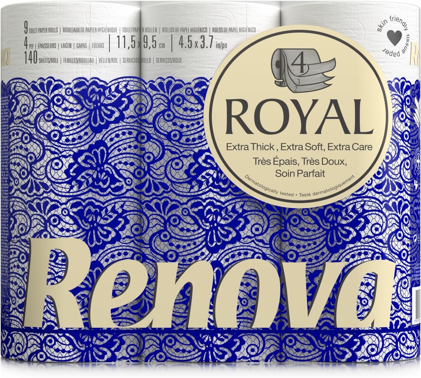 Renova 9 rolls 4-ply toilet paper, royal white. Extra Thick, Extra Soft, Extra Care, Dermatologically Tested.